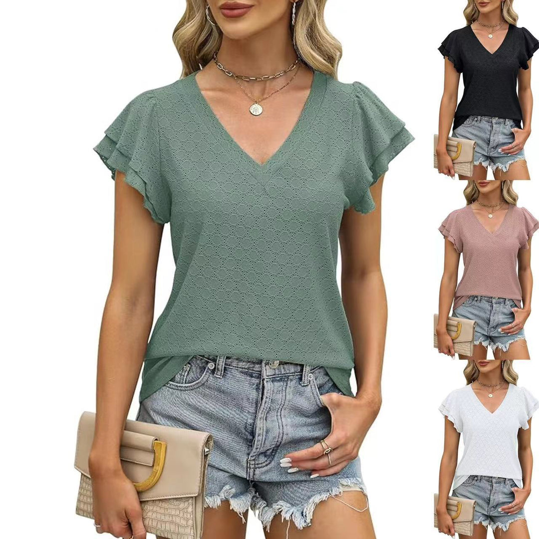 V-neck women's T-shirt with ruffle details Lune London
