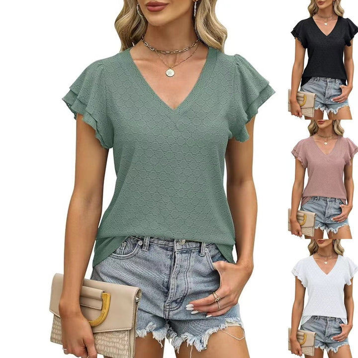 V-neck women's T-shirt with ruffle details Lune London