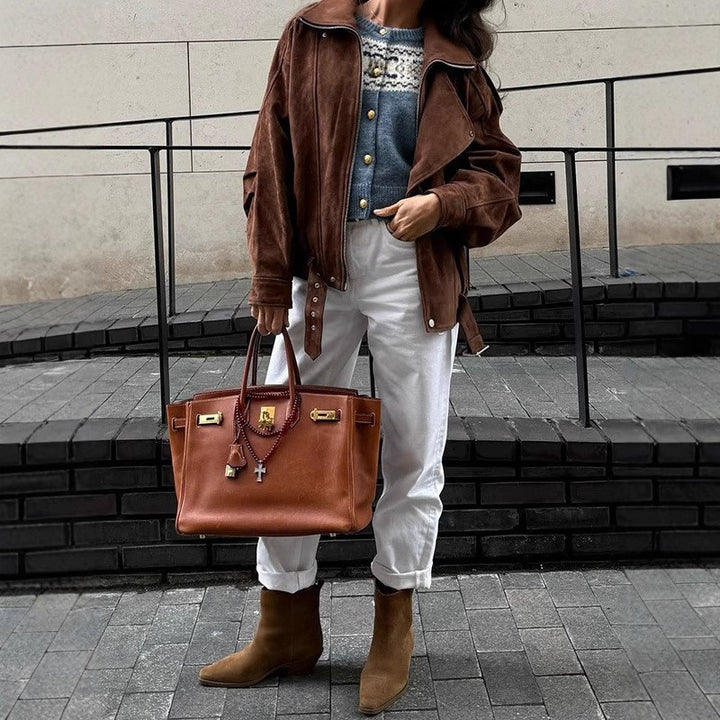 Suede jacket for women with asymmetric zipper Lune London