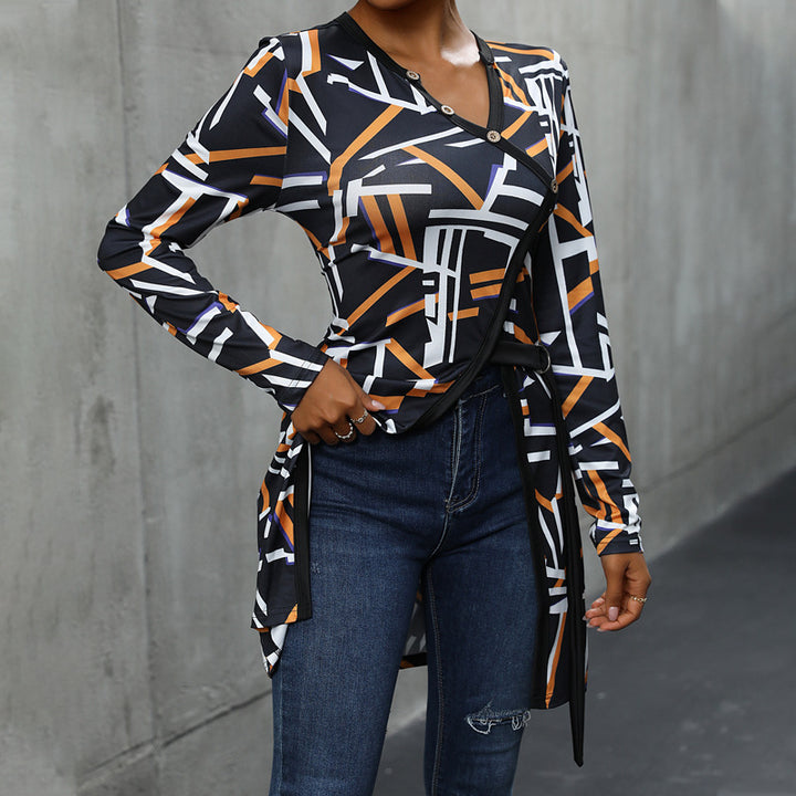 Long blouse with sleeves for women with geometric design and buttoned plastron Lune London