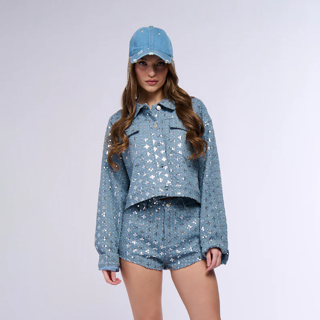 Cropped denim jacket for women with sparkling star pattern and matching shorts Lune London