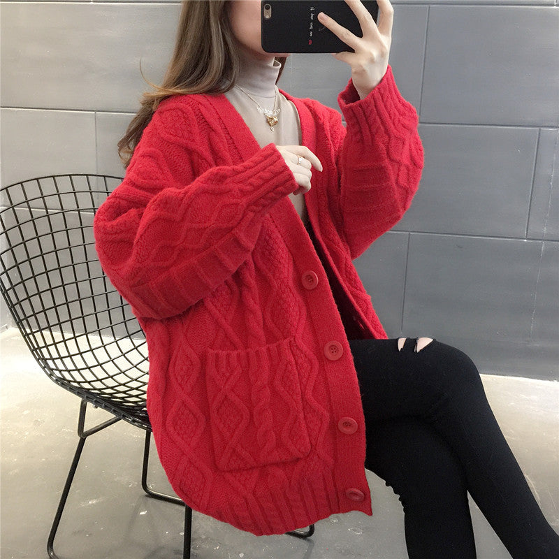 Ladies Waffle Knit Oversized Cardigan with pockets and button detail Lune London
