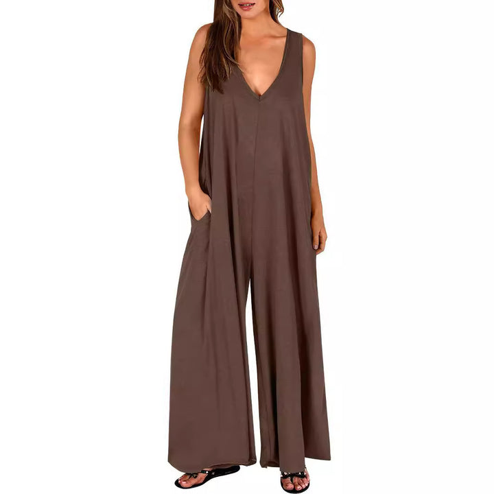 Ladies lightweight jumpsuit with deep V-neck and side pockets Lune London