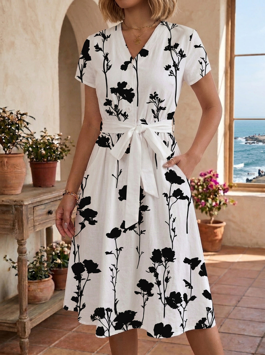 Women's Blooming Midi Dress with Adjustable Belt and Artistic Print Lune London