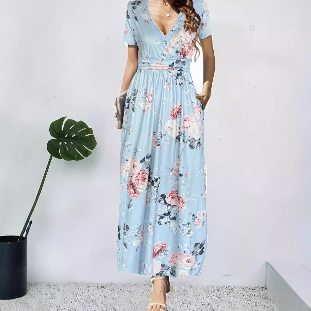 Maxi dress for women with deep V-neck and floral design Lune London