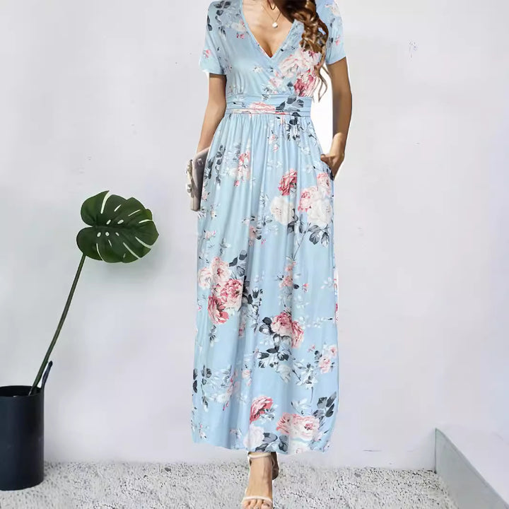 Maxi dress for women with deep V-neck and floral design Lune London