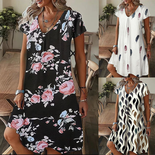 Fluid V-neck midi dress for women with abstract pattern Lune London