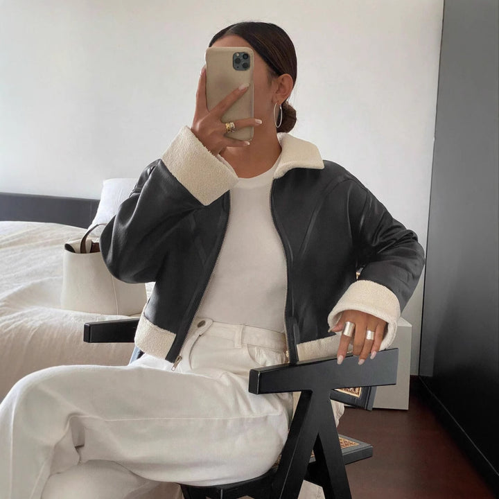 Trendy plush jacket for women with shiny surface and stylish collar Lune London