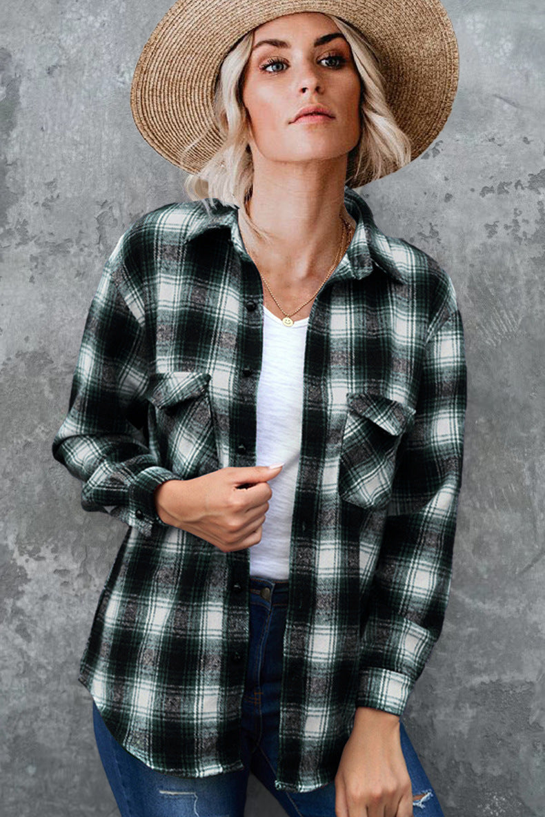 Vintage style women's flannel shirt with check pattern and chest pockets Lune London