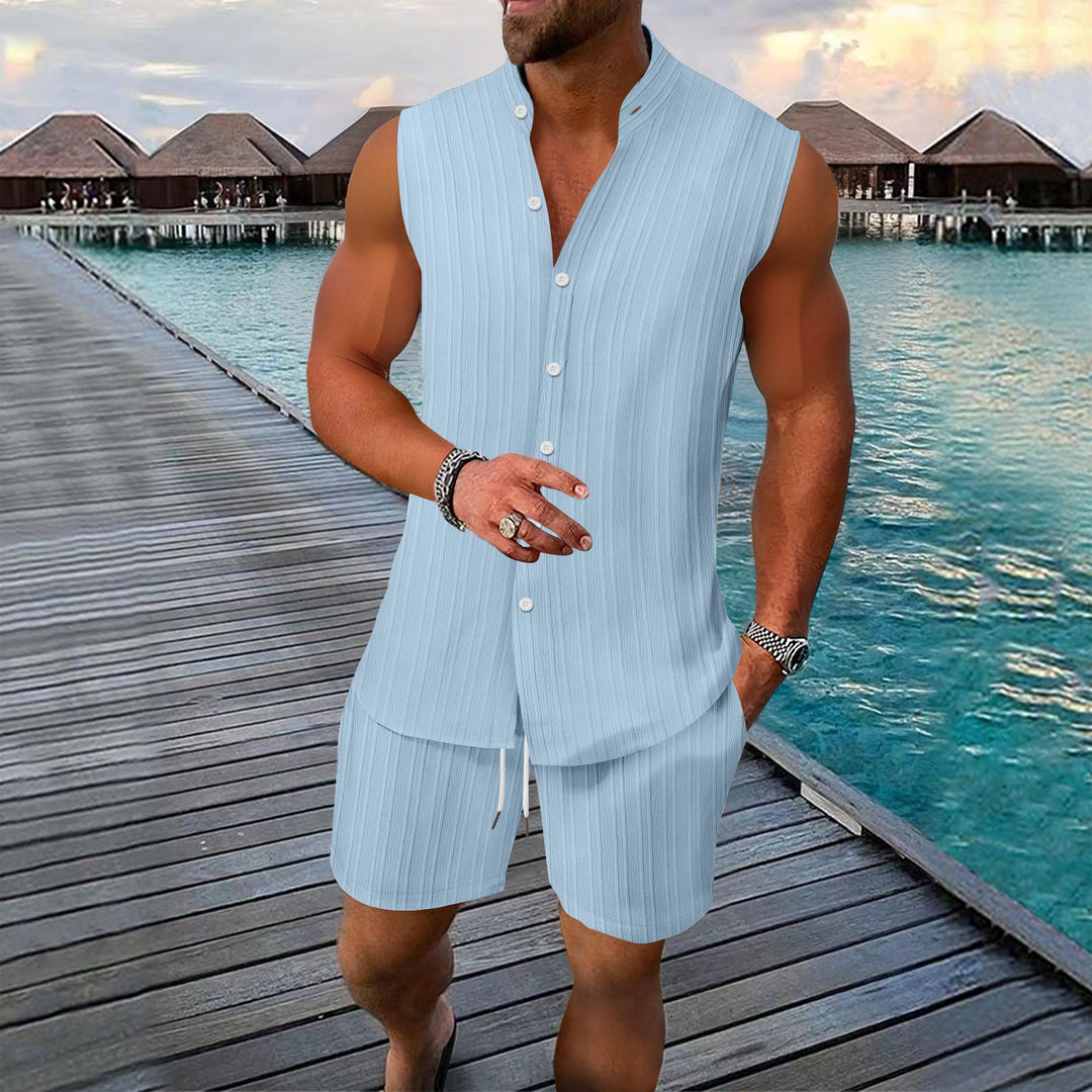 Men's casual sleeveless summer outfit living room Lune London