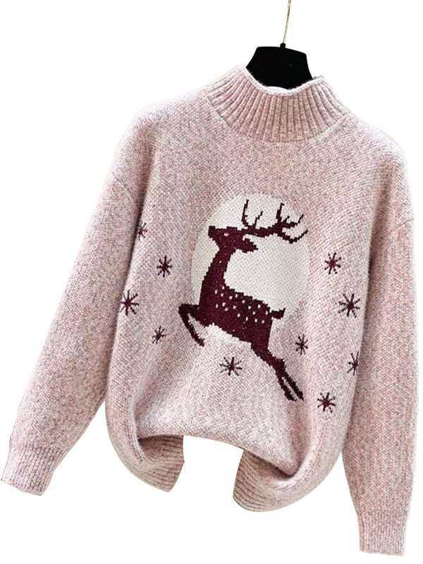 Knitted women's sweater with festive reindeer pattern and high collar Lune London