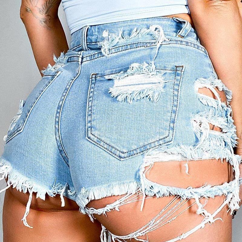 Destroyed denim shorts for women with a relaxed fit and frayed elements Lune London