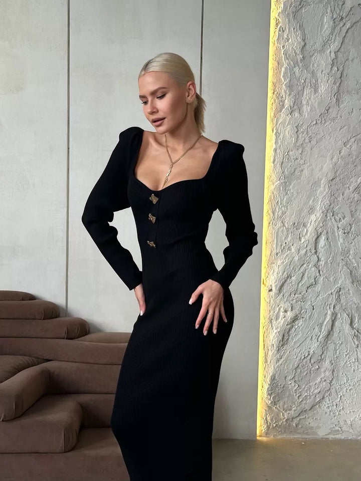 Knit dress for women with plunging neckline and elegant button details Lune London