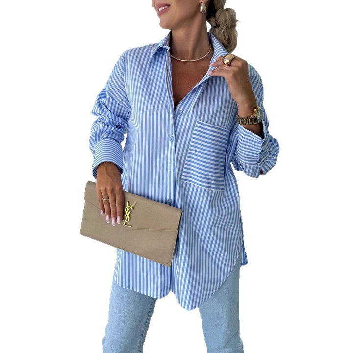 Women Long Sleeve Blouse with Fine Stripes and Practical Chest Pocket Lune London