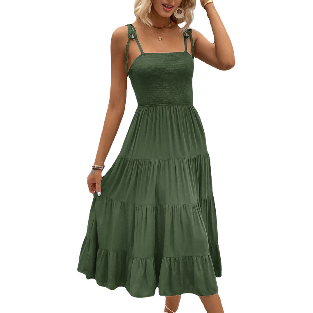Elegant midi dress with ruffles for women with adjustable straps Lune London