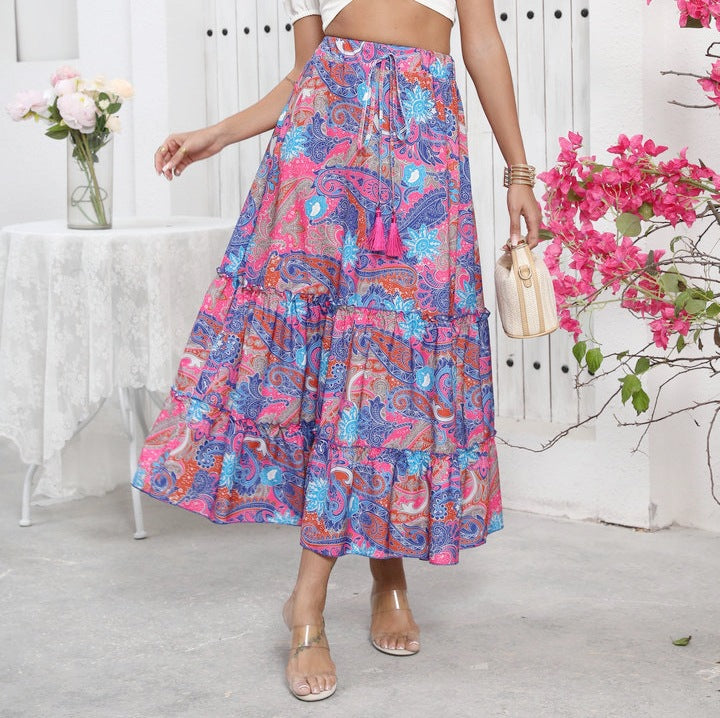 Maxi flared skirt for women with ruffle design and adjustable waist Lune London