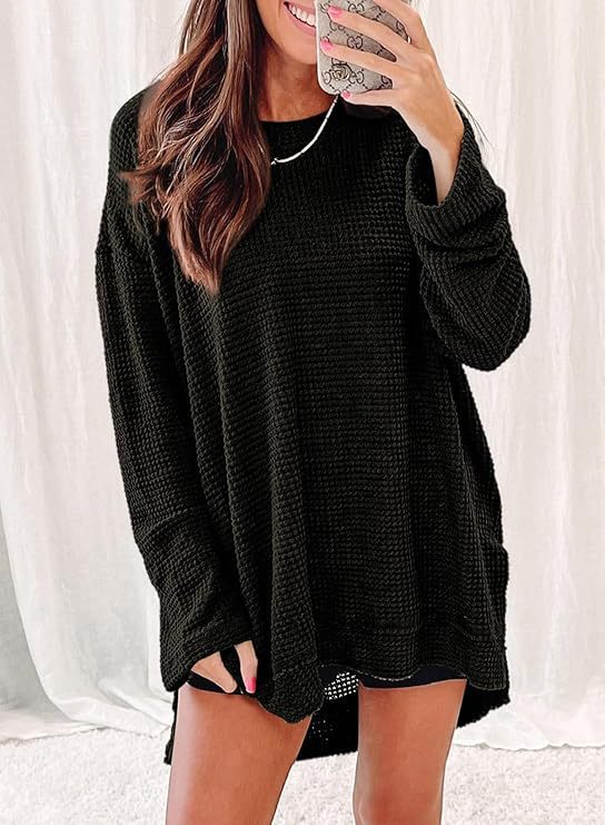 Waffle knit long sleeve sweater for women with open cut and side slits Lune London