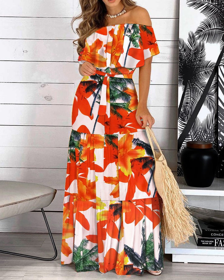 Off-shoulder maxi dress for women with flowy and asymmetrical skirt Lune London