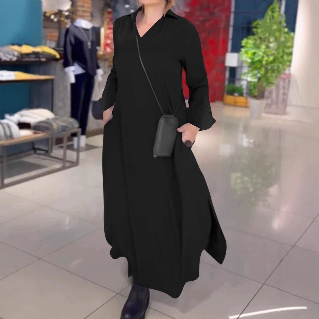 Maxi dress for women with a practical V-neckline and pockets Lune London