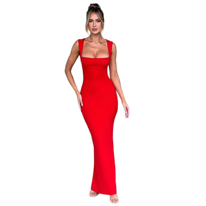 Women's Elegant Figure-Hugging Maxi Dress with Square Neckline and Deep Back