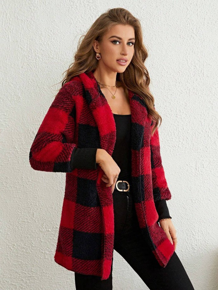 Ladies Cozy Fleece Jacket with Checkered Pattern and Hooded Design Lune London