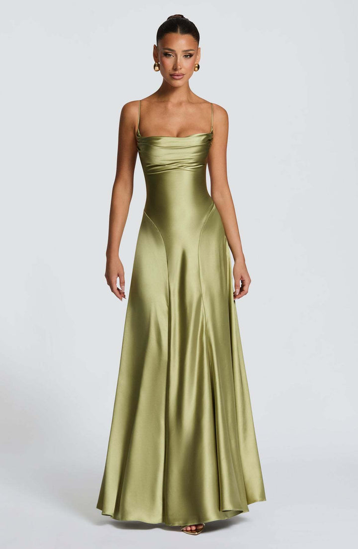 Women's Elegant Maxi Dress with Refined Spaghetti Straps and Flowing Satin Lune London