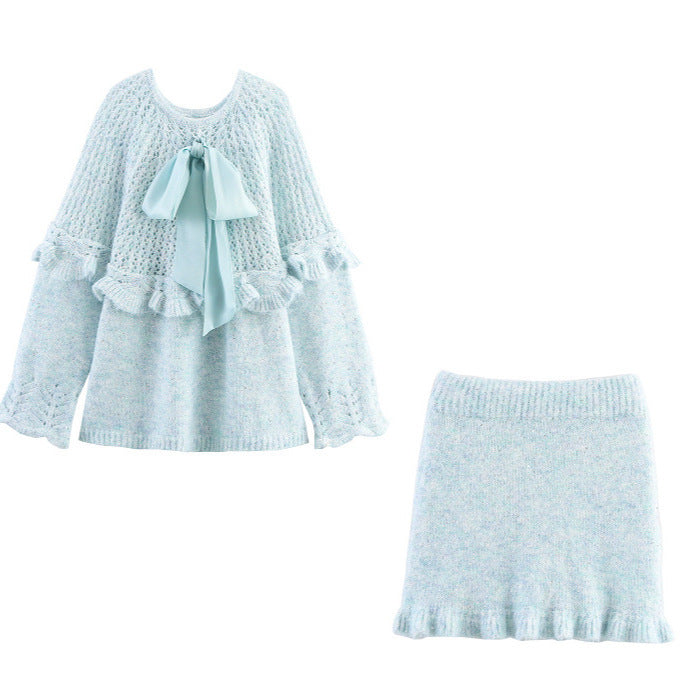 Elegant ladies knitted outfit with ruffles and bow accents Lune London