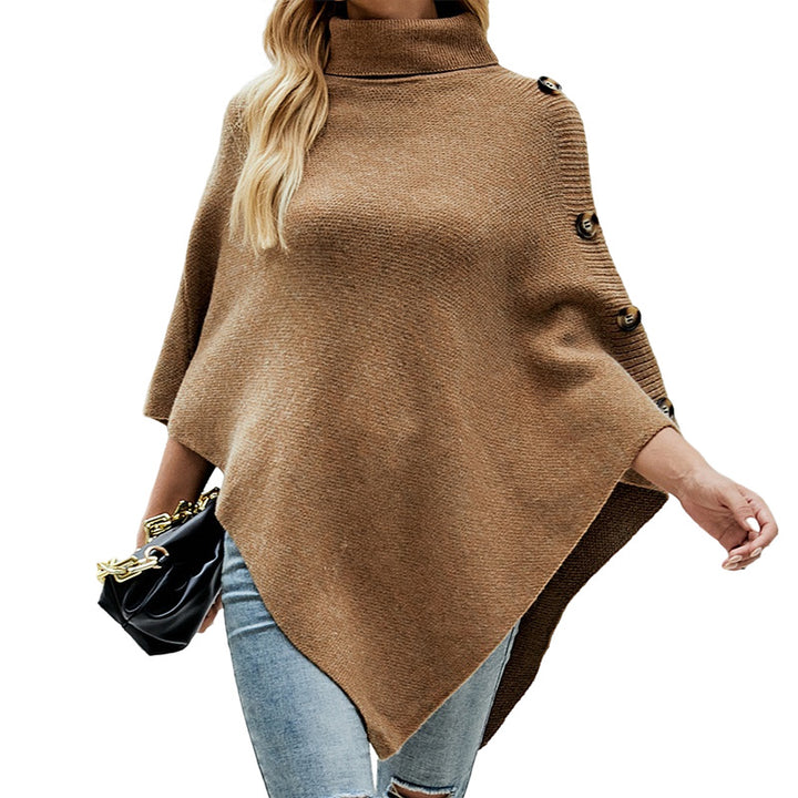 Lady knit poncho with high collar and decorative buttons Lune London