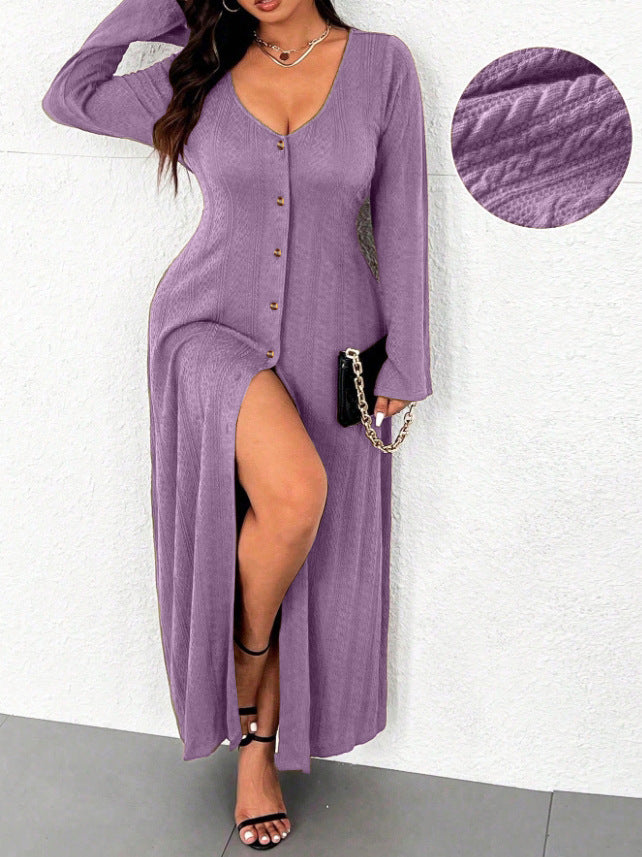Maxi dress for women with button placket and elegant slit Lune London