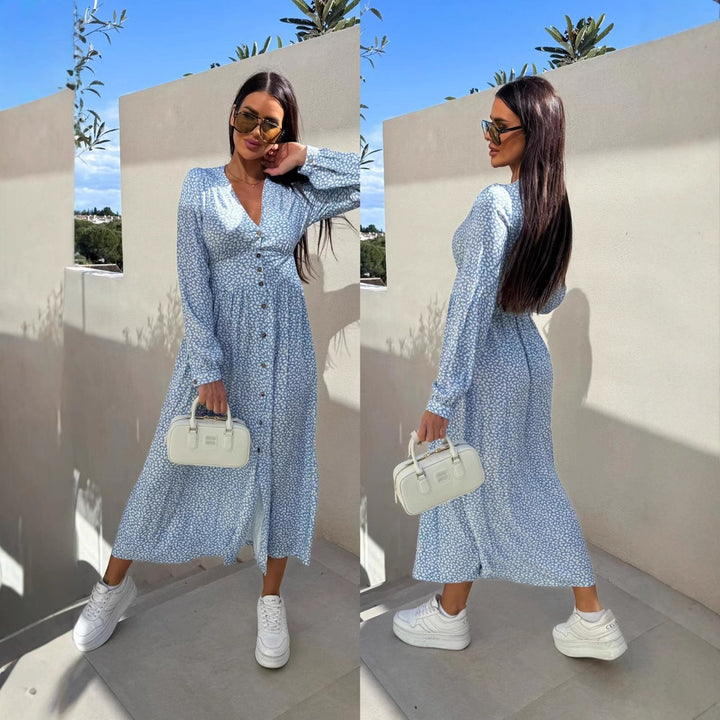 Floral print maxi dress for women with button placket Lune London