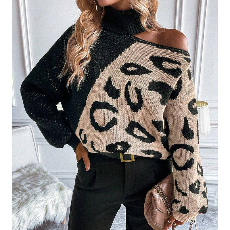 Pull en tricot pour femmes avec un motif léopard à la mode et un col haut Chic & Stil