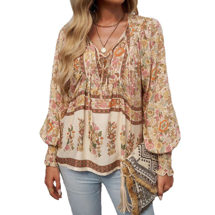 Blouse for women with floral patterns and tie neckline Lune London