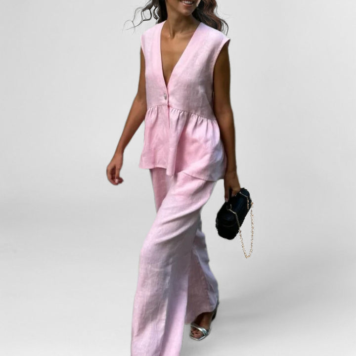 Ensemble pour femme en lin léger avec un décolleté en V profond et des jambes larges Chic & Stil