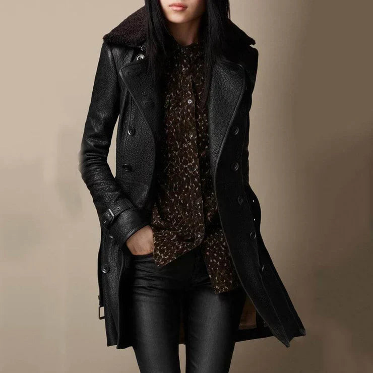 Lune London | Double-Breasted Leather Jacket with Sheepskin Collar for Women