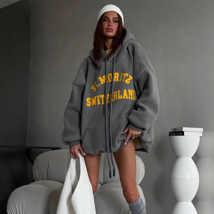 Ladies oversized fleece hoodie with striking Lune London inscription