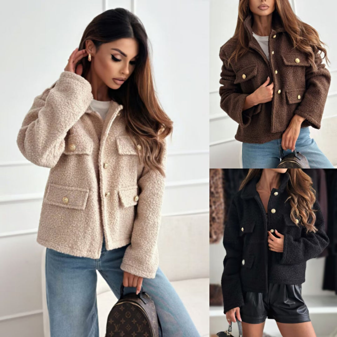 Ladies Plush Fleece Jacket with Decorative Pockets and Golden Buttons Lune London