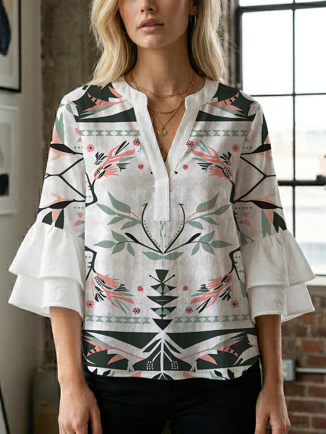 Women's casual blouse with ruffled sleeves and botanical print Lune London