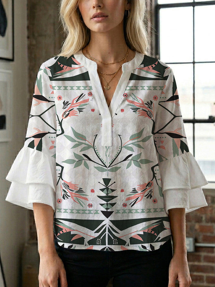 Women's casual blouse with ruffled sleeves and botanical print Lune London