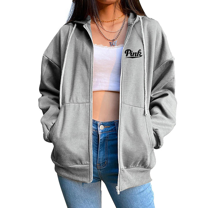 Women's relaxed hoodie jacket with practical zip and stylish lettering Chic & Stil