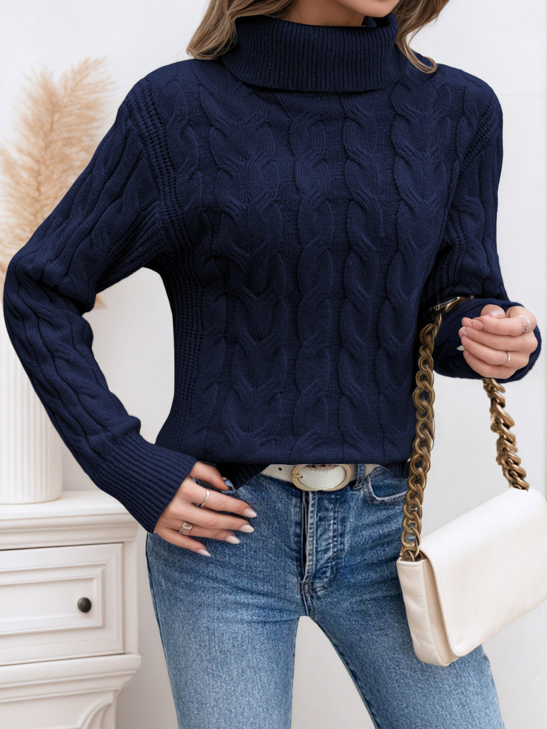 Knit sweater for women with high collar and cable pattern Lune London
