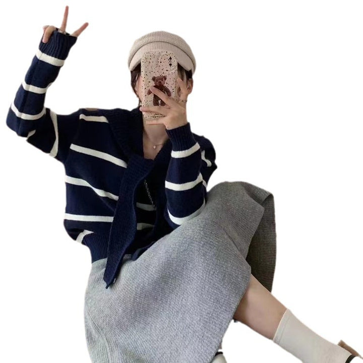 Striped women's sweater with soft collar and practical loop Lune London