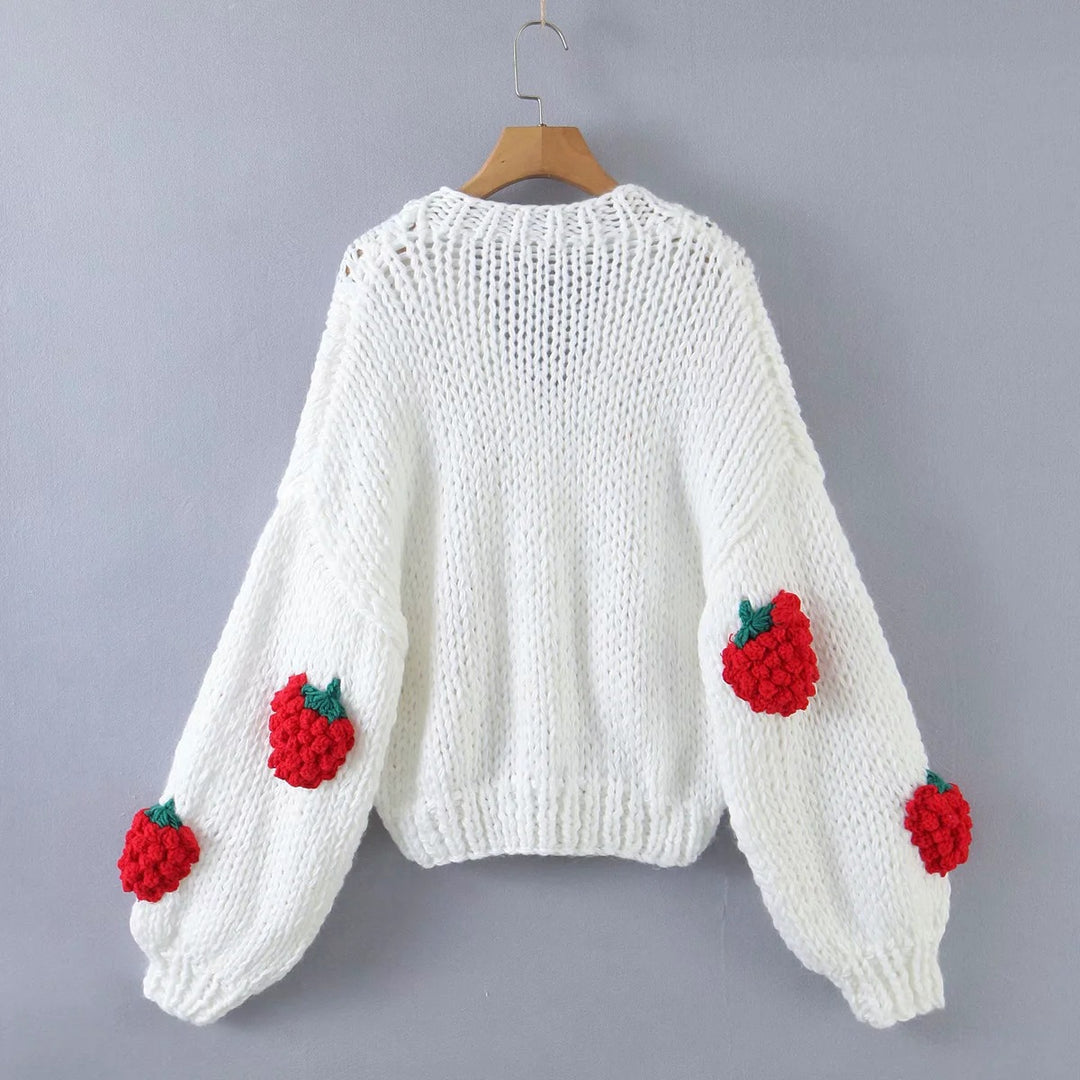 Womens knit jacket with strawberry appliqués and button closure Lune London