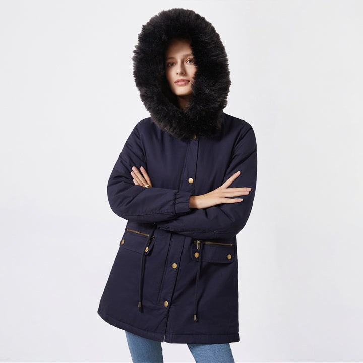 Women's insulated parka with removable faux fur collar and adjustable drawstring waist Lune London