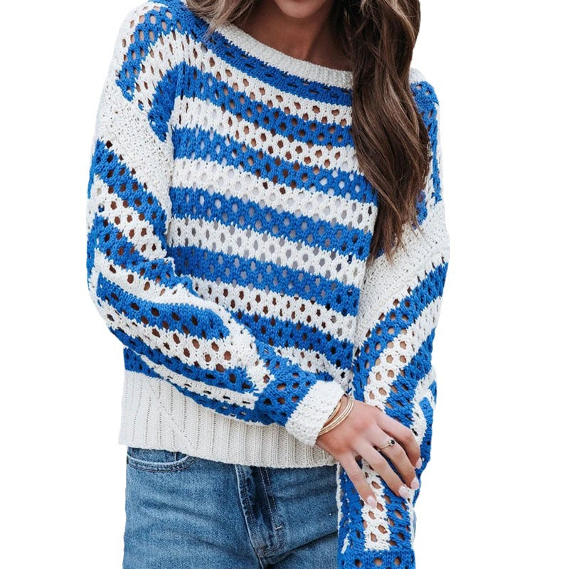 Knitted airy sweater for women with a large diamond pattern and a striped design Lune London