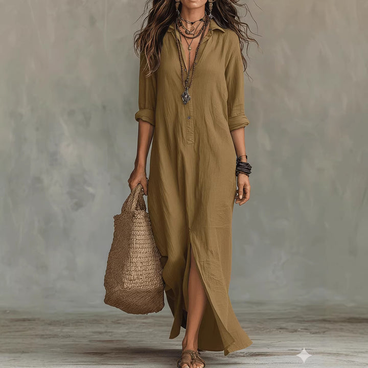 Women's Long Shirt Dress with Button Closure and Side Slit Lune London