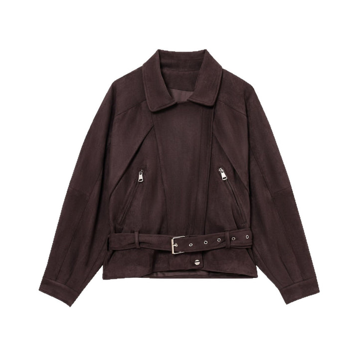 Ladies Elegant Suede Jacket with Trendy Buckles and Chic Practical Pockets