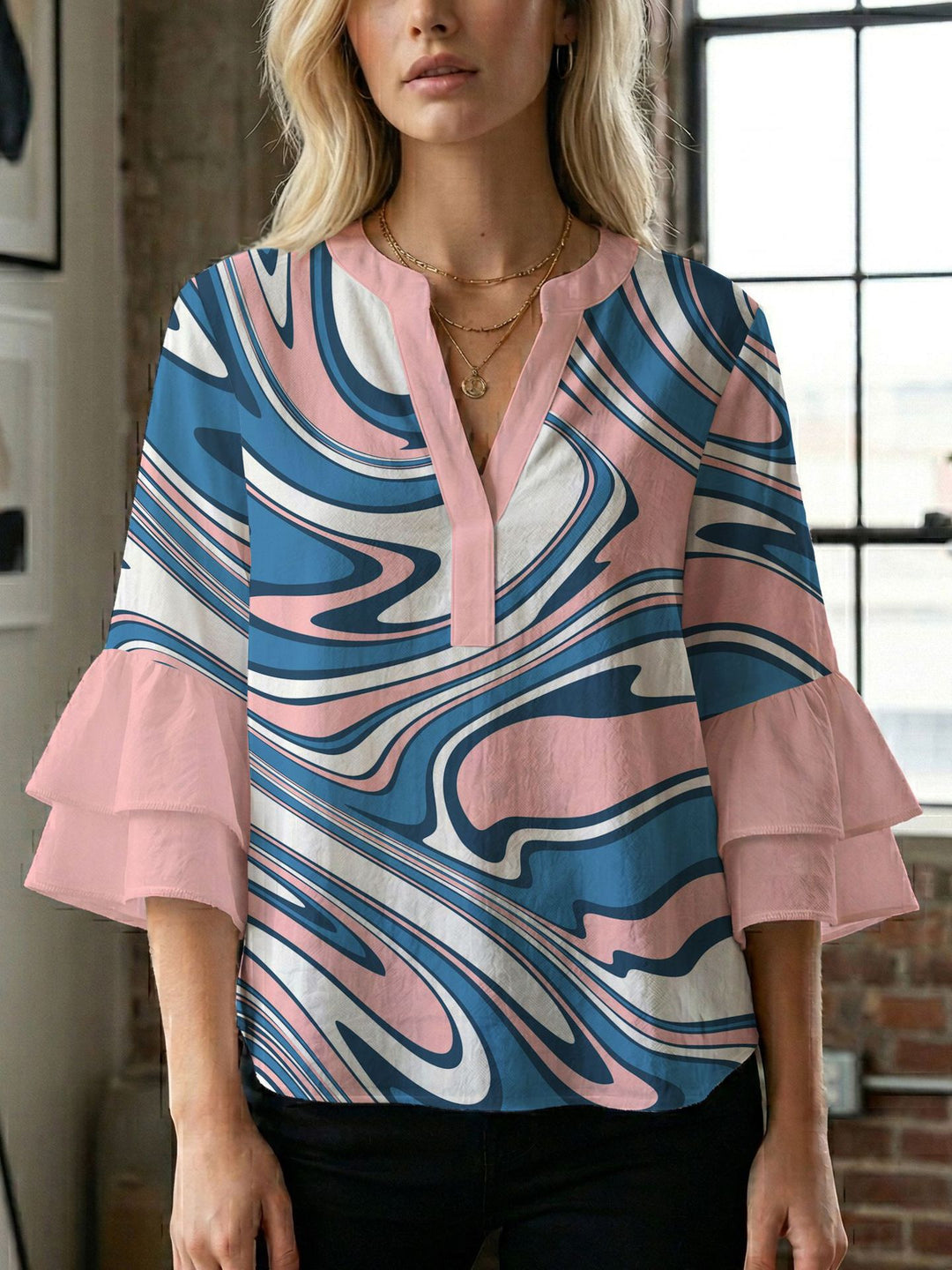Women's blouse shirt with voluminous sleeves and creative print design Lune London