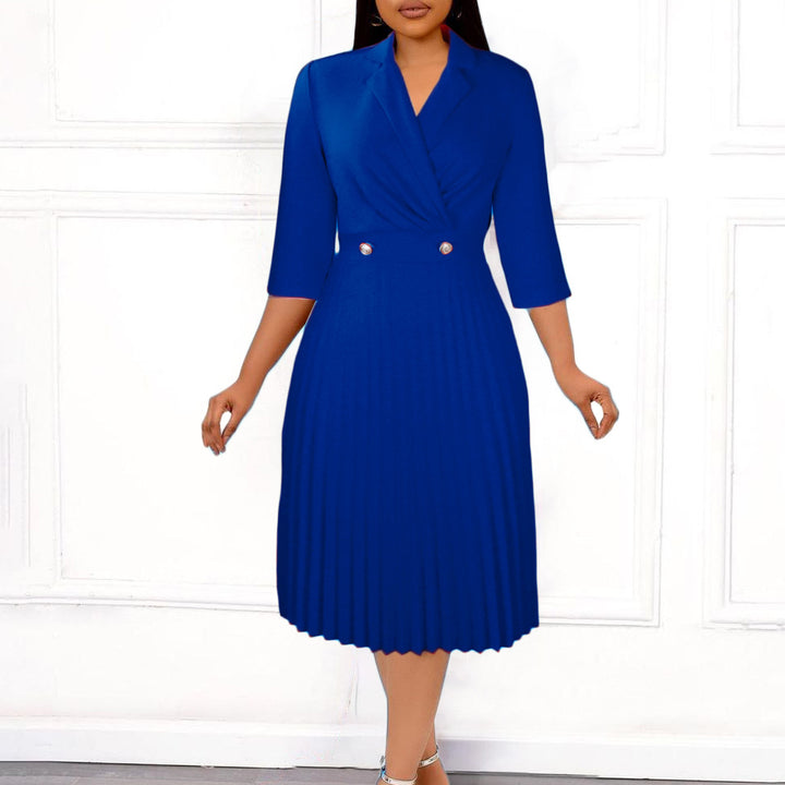 Elegant women's wrap dress with pleated design and chic office collar.
