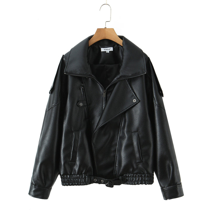 Fashionable women’s synthetic leather jacket with erotic lapels and elastic hem Lune London
