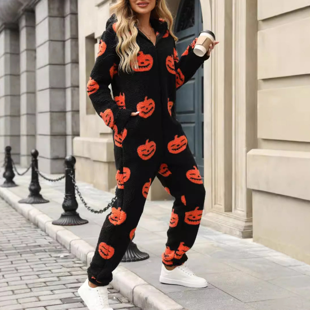 Ladies Comfortable Halloween Jumpsuit with Hood and Cute Fleece Lune London